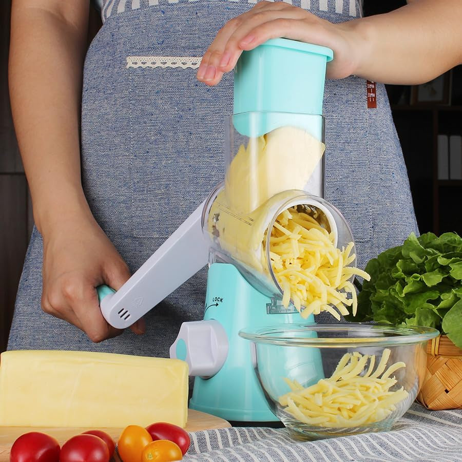 Effortless Rotary Cheese Grater - Hand Crank Kitchen Shredder with 3 Versatile Blades for Cheese, Vegetables, Nuts, and More - Perfect for Home Chefs!