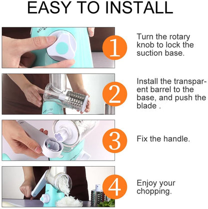 Effortless Rotary Cheese Grater - Hand Crank Kitchen Shredder with 3 Versatile Blades for Cheese, Vegetables, Nuts, and More - Perfect for Home Chefs!