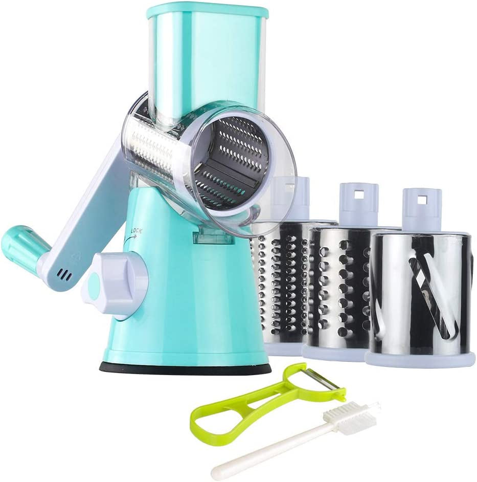 Effortless Rotary Cheese Grater - Hand Crank Kitchen Shredder with 3 Versatile Blades for Cheese, Vegetables, Nuts, and More - Perfect for Home Chefs!