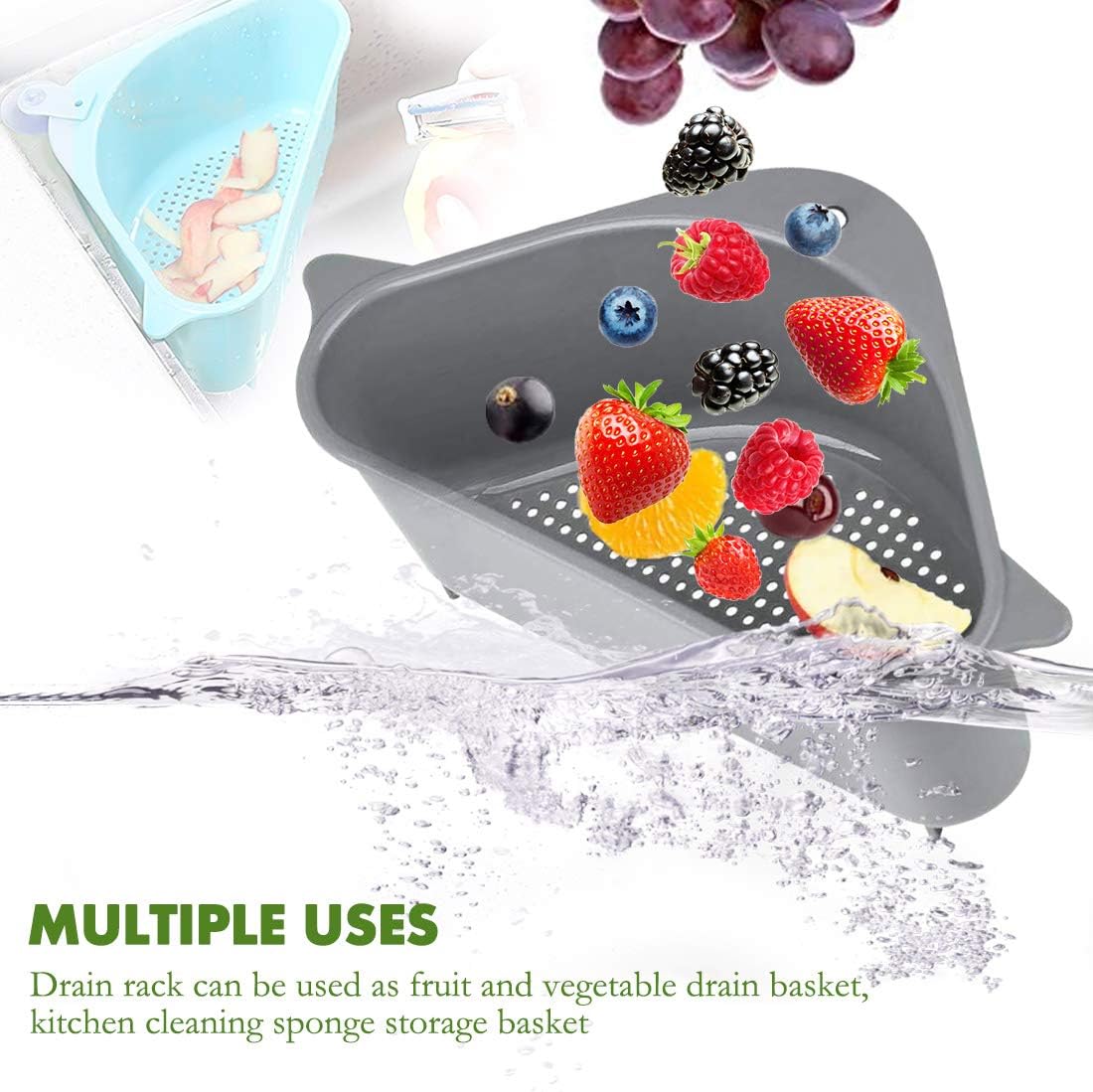 Maximize Your Kitchen Space with the Triangular Sink Strainer Basket - Versatile Gray Storage Holder with Suction Cup Support