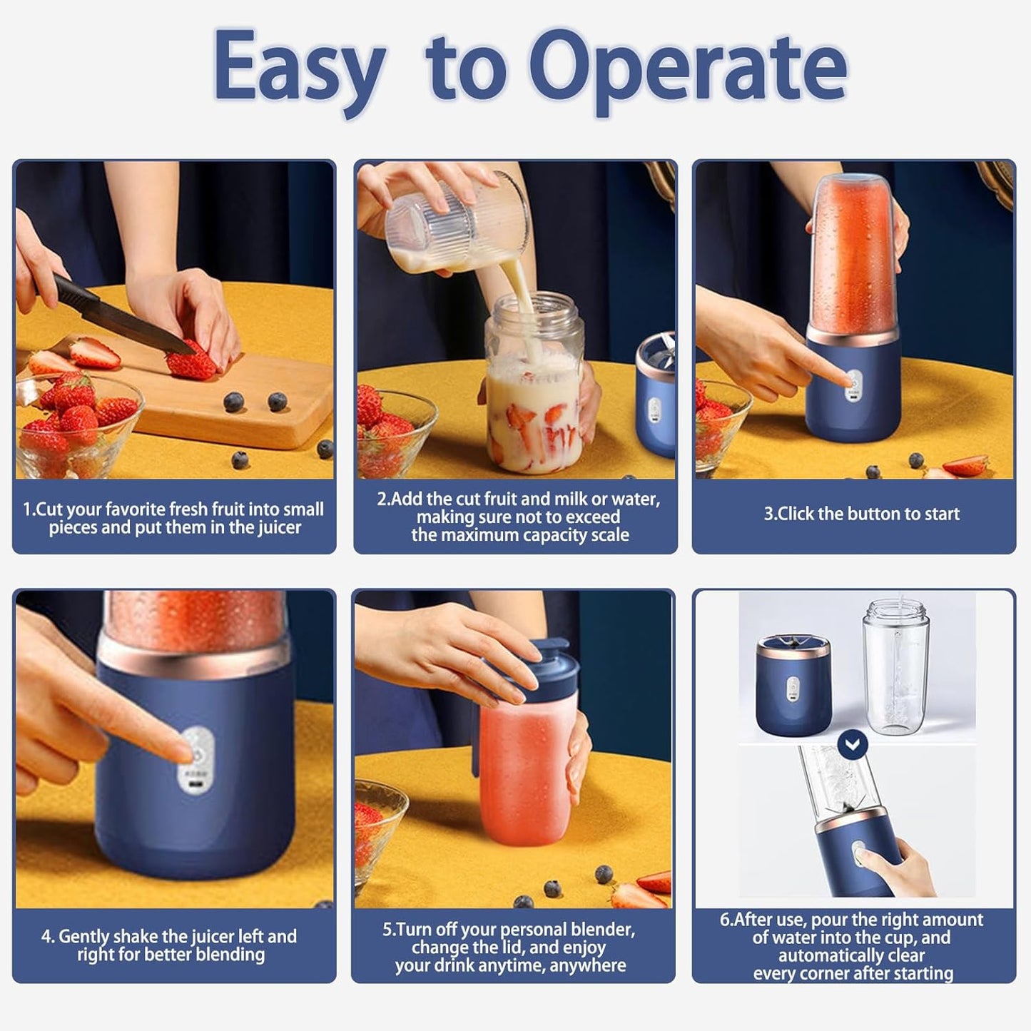 Ultimate Portable Blender: USB Rechargeable Mini Blender for Smoothies and Shakes - 400ML Capacity with 6 Stainless Steel Blades and Travel Lid for On-the-Go Nutrition