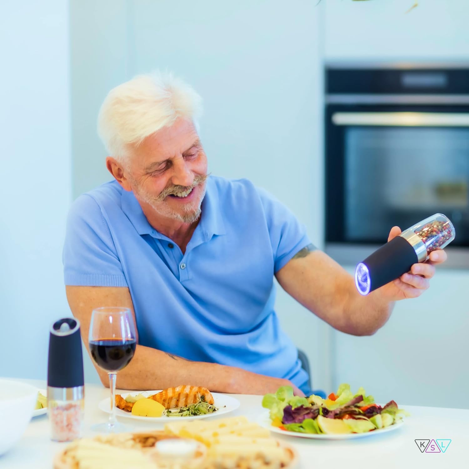 KSL Electric Salt and Pepper Grinder Set - The Perfect Gift for Food Lovers - Adjustable Motorized Spice Shakers with Blue Light for Effortless Grinding