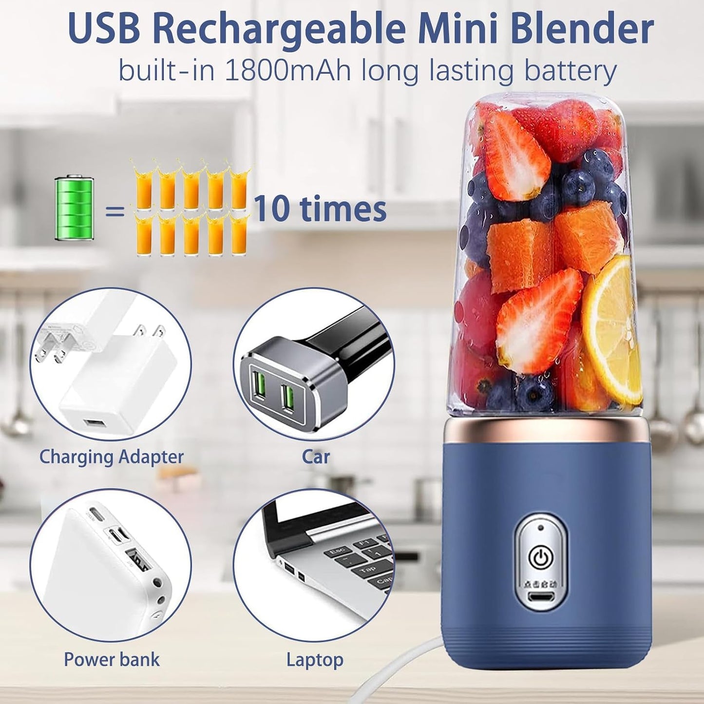 Ultimate Portable Blender: USB Rechargeable Mini Blender for Smoothies and Shakes - 400ML Capacity with 6 Stainless Steel Blades and Travel Lid for On-the-Go Nutrition