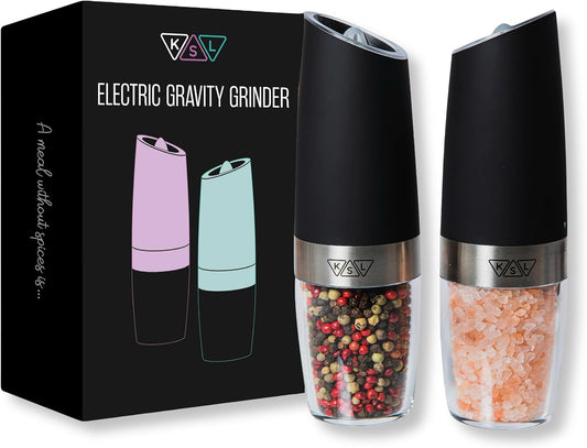 KSL Electric Salt and Pepper Grinder Set - The Perfect Gift for Food Lovers - Adjustable Motorized Spice Shakers with Blue Light for Effortless Grinding