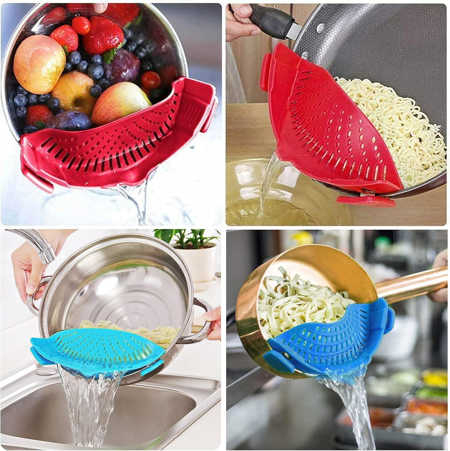 Versatile 2-Piece Clip-On Silicone Strainers for Effortless Cooking - Perfect for Pasta, Meat, Vegetables, and More!