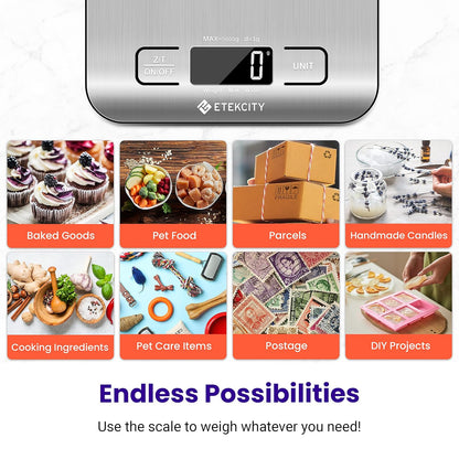 Versatile Digital Kitchen Scale for Accurate Weighing - Perfect for Weight Loss, Baking, Cooking, and Meal Prep - Backlit LCD Display in Stainless Steel