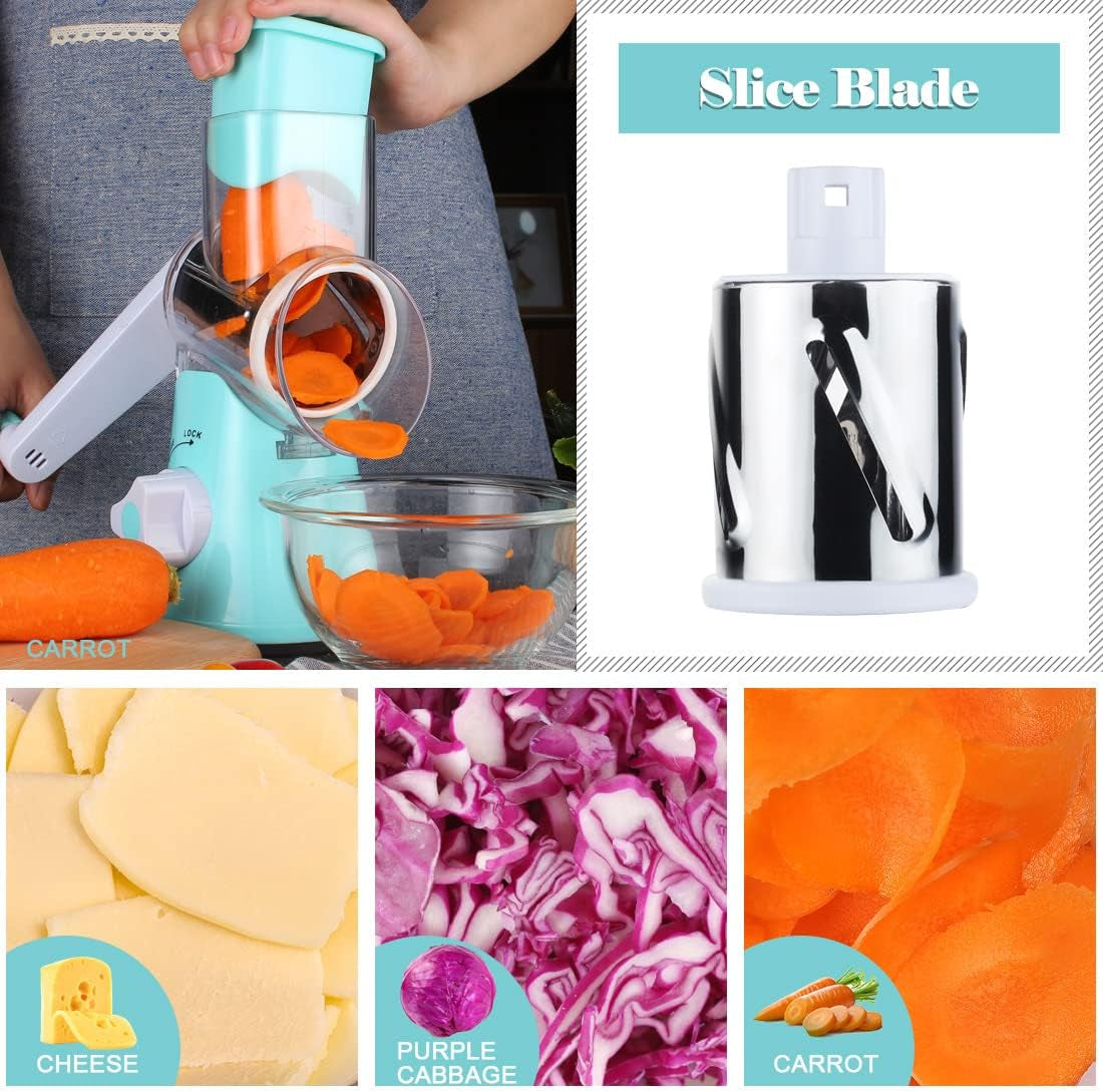 Effortless Rotary Cheese Grater - Hand Crank Kitchen Shredder with 3 Versatile Blades for Cheese, Vegetables, Nuts, and More - Perfect for Home Chefs!